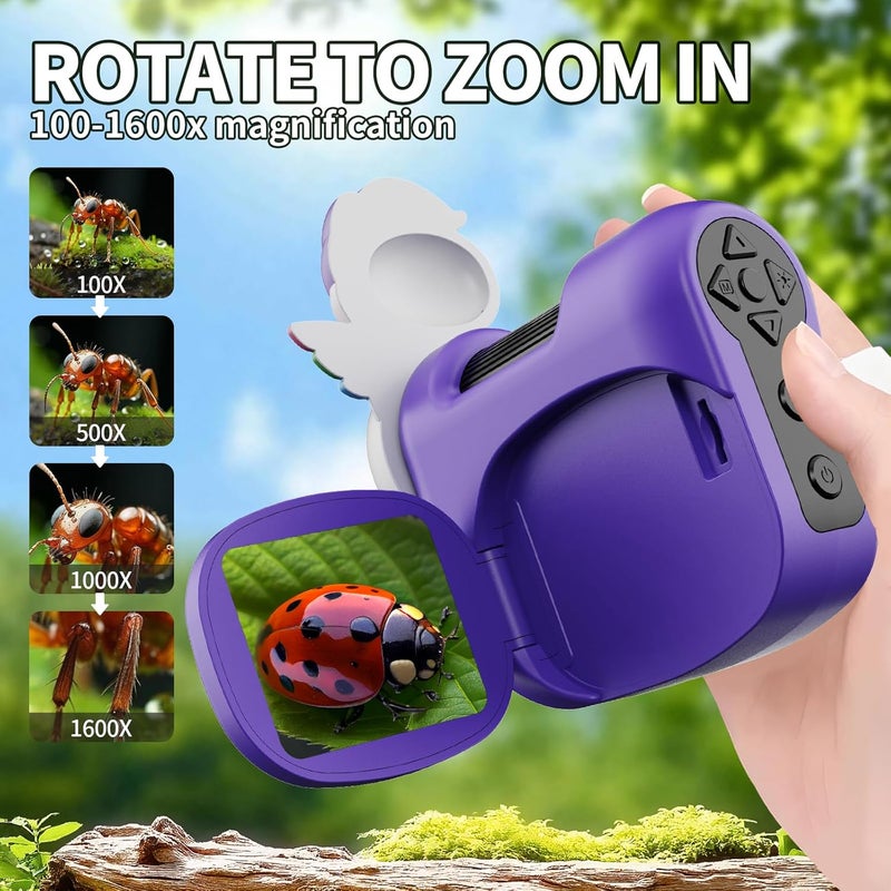 WSDMIC 1600X Handheld Microscope for Kids 2" IPS Screen Kit Mini Pocket Digital Microscopes STEM Science with Slides Photo Video Rechargeable Portable Scope Gift for Ages 6-12 (Purple) - Image 3